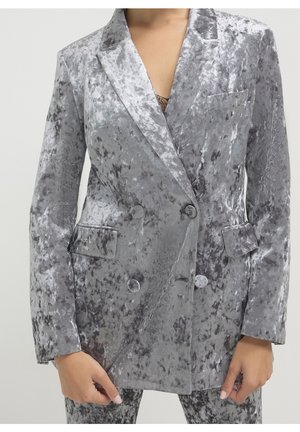 Dubbelgeknoopte zilveren crushed velvet blazer met bijpassende broek, gedragen door een persoon met handen langs de zijkanten.
