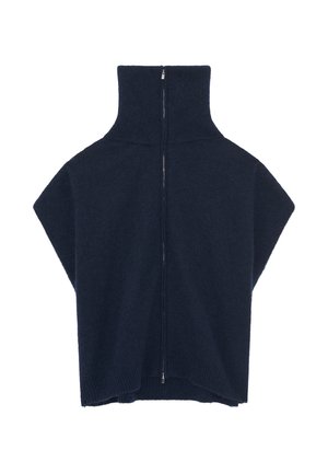 Suéter de punto azul marino con alto cuello y cierre de media cremallera, con un corte amplio y mangas anchas. Textura suave.