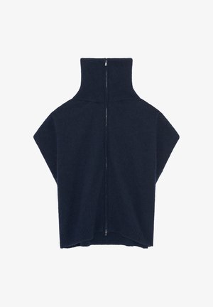 Suéter de punto azul marino con alto cuello y cierre de media cremallera, con un corte amplio y mangas anchas. Textura suave.