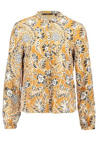 Bluzka z długim rękawem w musztardowym kolorze z czarno-białym nadrukiem kwiatowym, z kołnierzykiem mandarynkowym i bufkami na rękawach.
