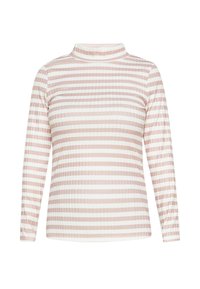 Maglietta a maniche lunghe con colletto alto, caratterizzata da strisce orizzontali alternate in rosa chiaro e bianco, realizzata in un tessuto testurizzato.