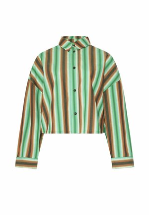 Camicia a maniche lunghe corta con strisce verticali in verde, marrone e crema, colletto classico e bottoni neri.