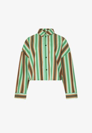 Camicia a maniche lunghe corta con strisce verticali in verde, marrone e crema, colletto classico e bottoni neri.