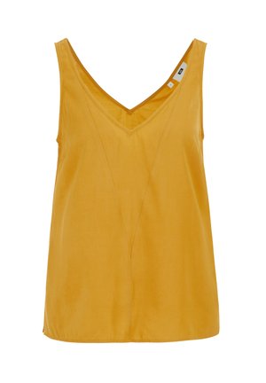 Yellow sleeveless top featuring a V-neck, smooth fabric, and subtle seam detailing, creating a relaxed fit with a minimalistic design.