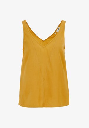 Sárga ujjatlan felső V-nyakkal, sima anyaggal és diszkrét varrásokkal, amely laza fazont és minimalista dizájnt kölcsönöz.