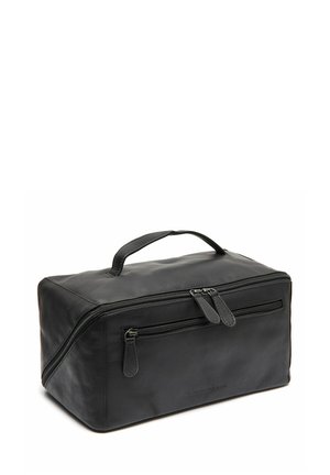 Black leather zippered bag with a rectangular shape, featuring a top handle and an additional front zip pocket. Smooth texture.
