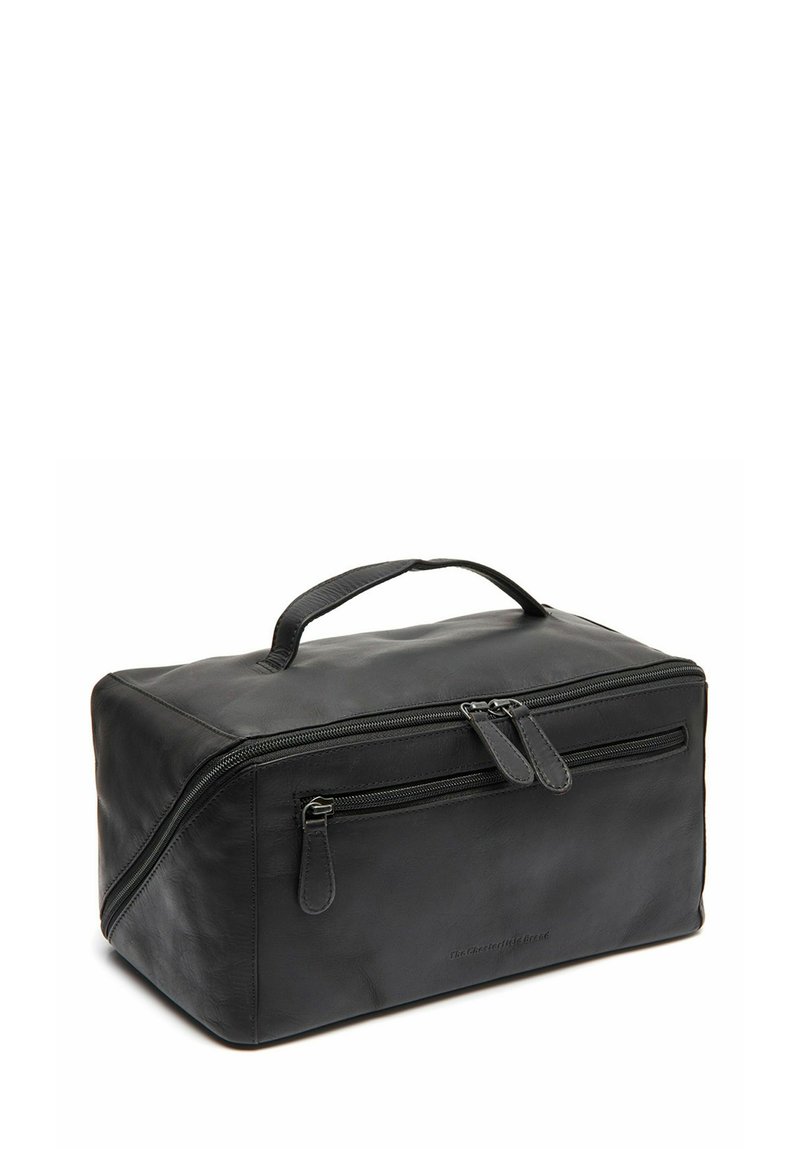 Borsa nera in pelle con zip di forma rettangolare, dotata di manico superiore e di una tasca anteriore con zip. Texture liscia.