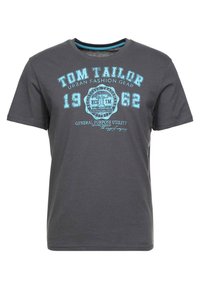 Szara bawełniana koszulka z okrągłym dekoltem, krótkimi rękawami oraz niebieskim nadrukiem graficznym z napisem "TOM TAILOR" i okrągłym wzorem logo.