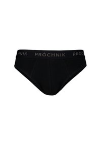 Czarne bawełniane majtki typu slip z miękkim elastycznym paskiem w talii, na którym znajduje się nazwa marki "PRÓCHNIK" w szarym kolorze. Klasyczny krój slipów o minimalistycznym designie.