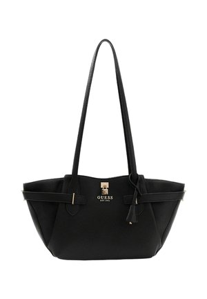 Sac cabas synthétique noir avec garnitures dorées, comprenant une plaque logo, des poignées plates et une forme structurée. Orné de sangles.