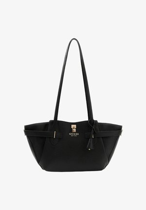 Borsa tote nera in materiale sintetico con dettagli in metallo dorato, caratterizzata da una placca con logo, manici piatti e una forma strutturata. Arricchita da cinturini.