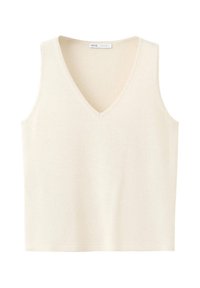 Gilet sans manches tricoté couleur crème avec un col en V, en tissu doux, posé à plat sur un fond blanc.