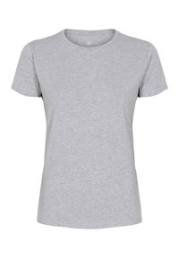 Grå T-shirt med korte ærmer lavet af blødt bomuldsblandingsmateriale. Den har en rund halsudskæring og en glat tekstur uden synlige mønstre eller detaljer.