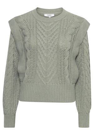 Švarkas su susuktomis mazgų siūlėmis šviesiai žalia spalva. Turi apvalią iškirptę, raukšlėtas rankoves ir detalias tekstūrines raštas ant korpuso ir rankovių.