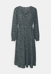 Kukkakuosiset mekko, jossa on pitkät hihat, pyöreä pääntie ja vyötärösauma. Mekossa on sinisiä ja valkoisia kukkia mustalla taustalla.