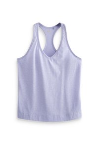 Jasnofioletowy top na ramiączkach z dekoltem w kształcie litery V i tylnym skrzyżowaniem, wykonany z miękkiego, gładkiego materiału i charakteryzujący się prostym, minimalistycznym wykończeniem.