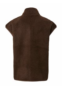 Rudas flisinis liemenė su aukštu apykakle, be rankovių dizainu ir tekstūruota paviršiumi. Paprastas apvadas ir jokių matomų detalių ar akcentų.