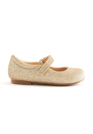 Chaussure Mary Jane pour enfants avec paillettes dorées, bride auto-agrippante et semelle plate, vue de côté sur fond blanc.