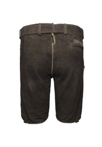 Braune Wildleder-Shorts mit einem Gurtbund, Gesäßtaschen und Stickdetails. Glatte Textur mit lockerer Passform und mittellanger Länge bis zur Mitte des Oberschenkels.