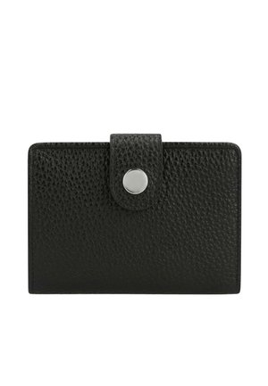 Schwarze, strukturiertes Leder-Geldbörse mit abgerundeten Kanten und einem silbernen Druckknopfverschluss an einem vorderen Riemen.