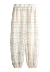 Pantalon ample, longueur cheville, à carreaux beige et blanc, taille élastique et poignets élastiques.