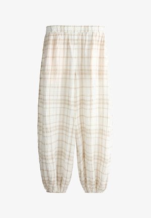 Široke hlače dužine do gležnja s bež i bijelim kariranim uzorkom, elastičnim pojasom i elastičnim rubovima.