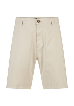 Beige knee-length shorts with belt loops, front button closure, and side pockets, displayed on a white background.