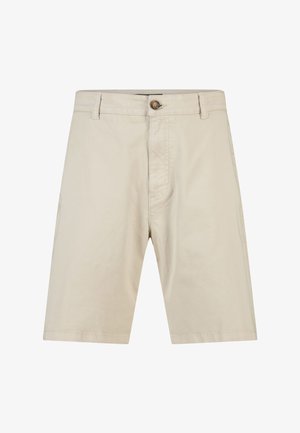 Beige knielange korte broek met riemlussen, een knoopsluiting aan de voorkant en zijzakken, getoond op een witte achtergrond.