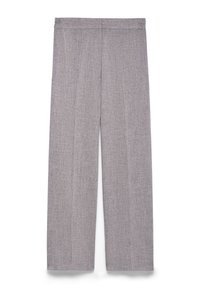 Grijze geweven stof wijde broek met een gladde textuur en een nette afwerking. Heeft een tailleband zonder zichtbare sluitingen of zakken.