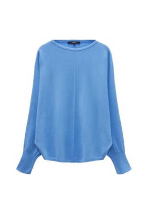 Un pull bleu clair en matériau doux. Il possède un col rond, des manches longues, et une coupe décontractée avec des bords côtelés aux poignets et à l'ourlet.