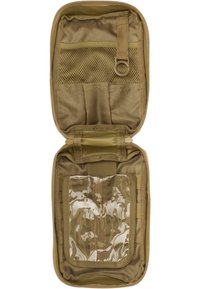 Khaki zipper pouch with a mesh pocket and a transparent window for storage. Features a loop for hanging and durable nylon fabric.