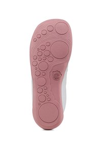 Sole of a shoe with a textured pink rubber surface featuring circular patterns and a logo, bordered by gray material on the sides.