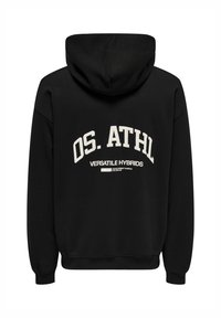 Schwarzer Kapuzenpulli mit großem weißen "OS. ATHL" Druck und dem Text "VERSATILE HYBRIDS". Weicher Stoff, Kapuze mit Kordelzug und gerippte Bündchen.