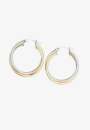 Pendientes de doble aro con un esquema de color en plata y oro. El diseño incluye superficies metálicas lisas y un acabado pulido.