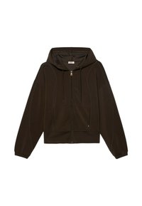 Felpa marrone con zip e cappuccio, caratterizzata da una vestibilità ampia, cuciture marcate e due tasche laterali. Realizzata in tessuto liscio con una finitura testurizzata.