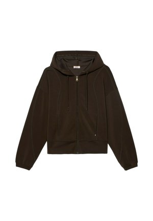 Felpa marrone con zip e cappuccio, caratterizzata da una vestibilità ampia, cuciture marcate e due tasche laterali. Realizzata in tessuto liscio con una finitura testurizzata.