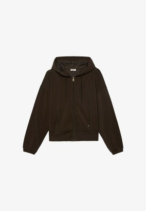 Felpa marrone con zip e cappuccio, caratterizzata da una vestibilità ampia, cuciture marcate e due tasche laterali. Realizzata in tessuto liscio con una finitura testurizzata.