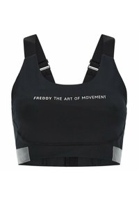 Melnas sporta krūšturis ar regulējamām siksnām, ar baltu tekstu "FREDDY THE ART OF MOVEMENT" un atstarojošām detaļām sānos.