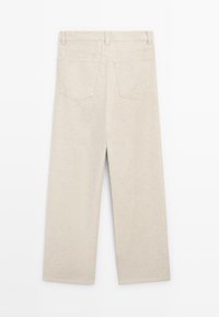 Beige corduroy pants with a straight leg design, featuring two back pockets and subtle ribbed texture.
