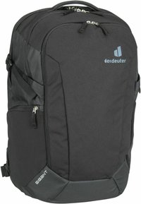 Mochila Deuter GIGANT, tela negra, forma rectangular, compartimentos con cremallera, bolsillos laterales, acentos reforzados, logo en la parte delantera.