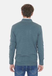 Uomo con capelli castani che indossa un maglione a maniche lunghe color turchese e jeans blu, in piedi rivolto di spalle contro uno sfondo bianco semplice.