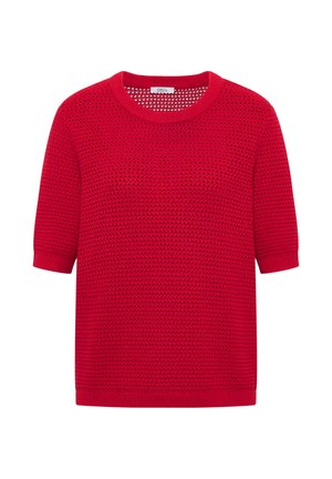 Červený krátký pletený svetr s texturovaným vzorem a žebrovaným výstřihem a manžetami, s označením "Cecil" na límci.