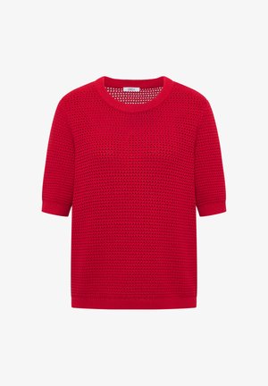 Červený krátký pletený svetr s texturovaným vzorem a žebrovaným výstřihem a manžetami, s označením "Cecil" na límci.