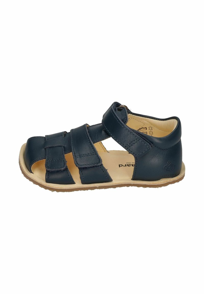 Navy blue leather sandal with multiple crossed straps and a back heel support. Light brown rubber sole. Features hook-and-loop closure.