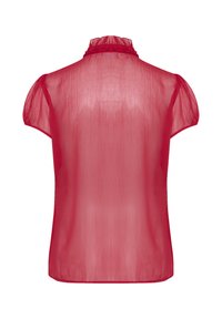 Czerwona przezroczysta bluzka z delikatnymi puffami na rękawach i falbaniastym wykończeniem dekoltu. Lekki, półprzezroczysty materiał o gładkiej strukturze.