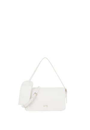 Borsa a tracolla rettangolare bianca con tracolla regolabile e piccola pochette allegata, logo V73 dorato sul davanti, su sfondo bianco.