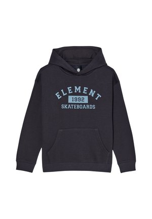 Felpa nera con cappuccio, tasca frontale, testo azzurro chiaro "ELEMENT 1992 SKATEBOARDS" sul petto e cappuccio sul retro.