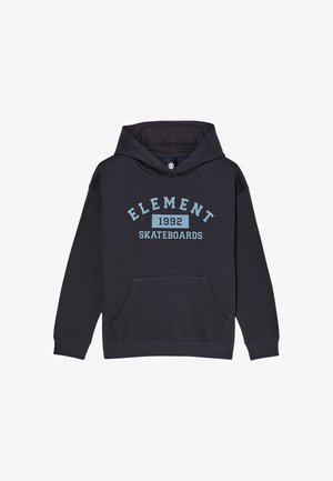 Czarna bluza z kapturem i przednią kieszenią, jasnoniebieski tekst "ELEMENT 1992 SKATEBOARDS" na piersi i kapturem z tyłu.