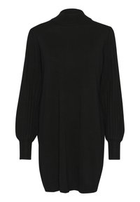 Schwarzer Strickpullover mit hohem Kragen, gerippten langen Ärmeln und lockerer Passform, mit einem strukturierten Stoff. 
