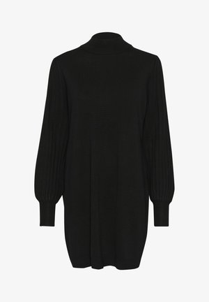 Pulover negru tricotat, cu guler înalt, mâneci lungi cu benzi și o croială lejeră, având un material texturat pe întreaga suprafață.